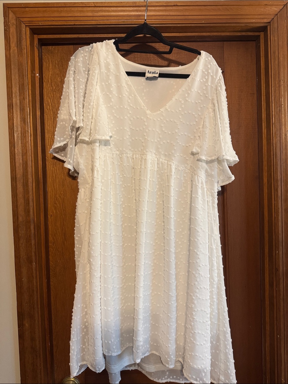 ARULA White Swiss Dot V-Neck Babydoll Mini Dress